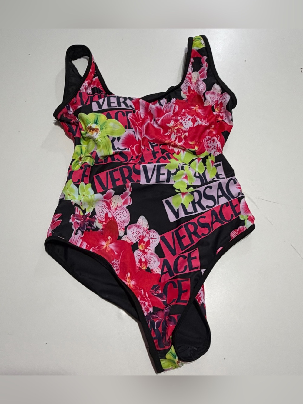 Versace Black Floral Logo One-Piece Swimsuit